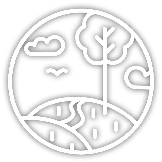 Circular landscape icon: rolling hills, a tall tree, and clouds with a bird in the sky.
